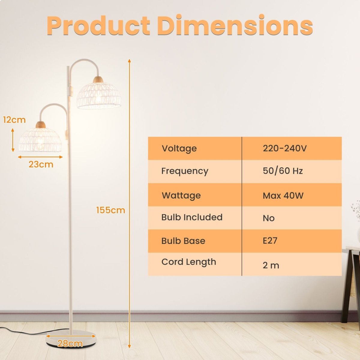 2 Light Floor Lamp with Foot Switch and Woven Lampshades - Demuva