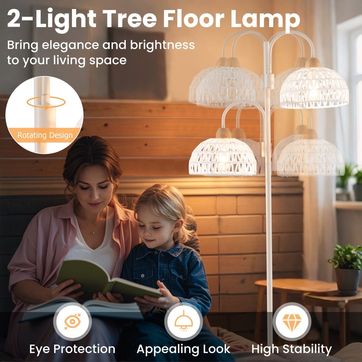 2 Light Floor Lamp with Foot Switch and Woven Lampshades - Demuva