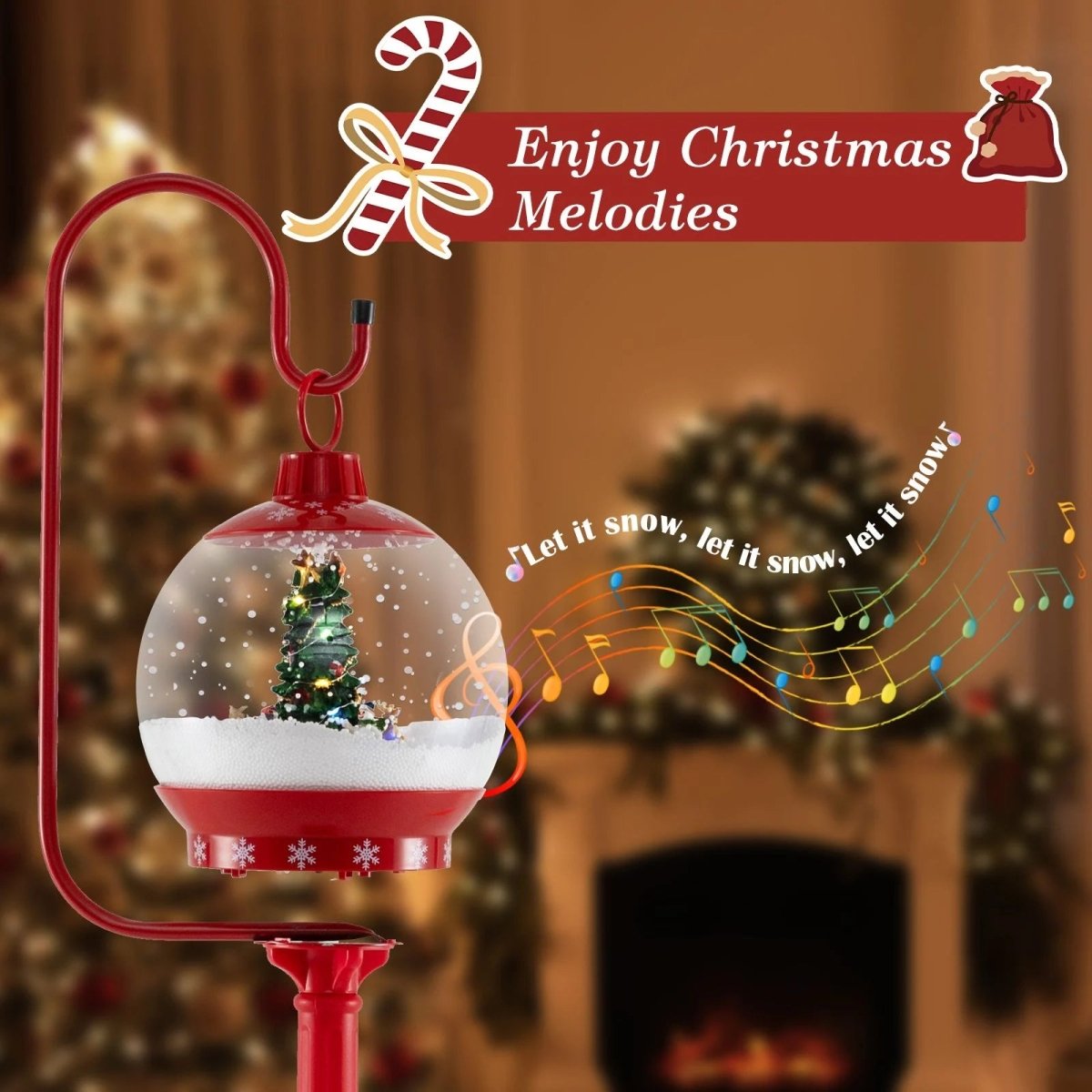 68 Inch Christmas Lamp Post with Sound Activated Snow Globe Lantern - Demuva