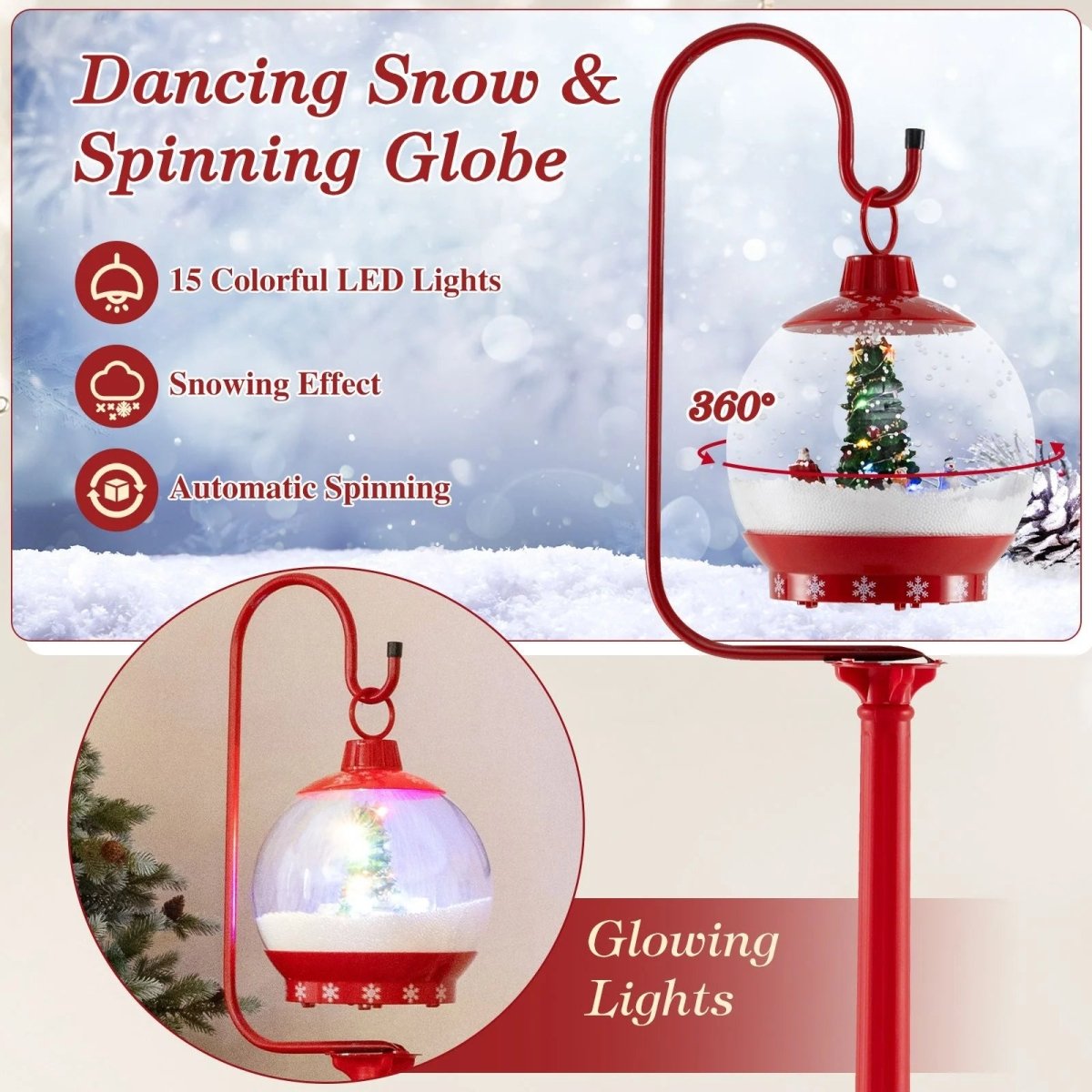 68 Inch Christmas Lamp Post with Sound Activated Snow Globe Lantern - Demuva