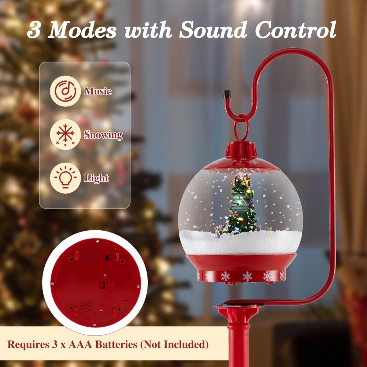 68 Inch Christmas Lamp Post with Sound Activated Snow Globe Lantern - Demuva