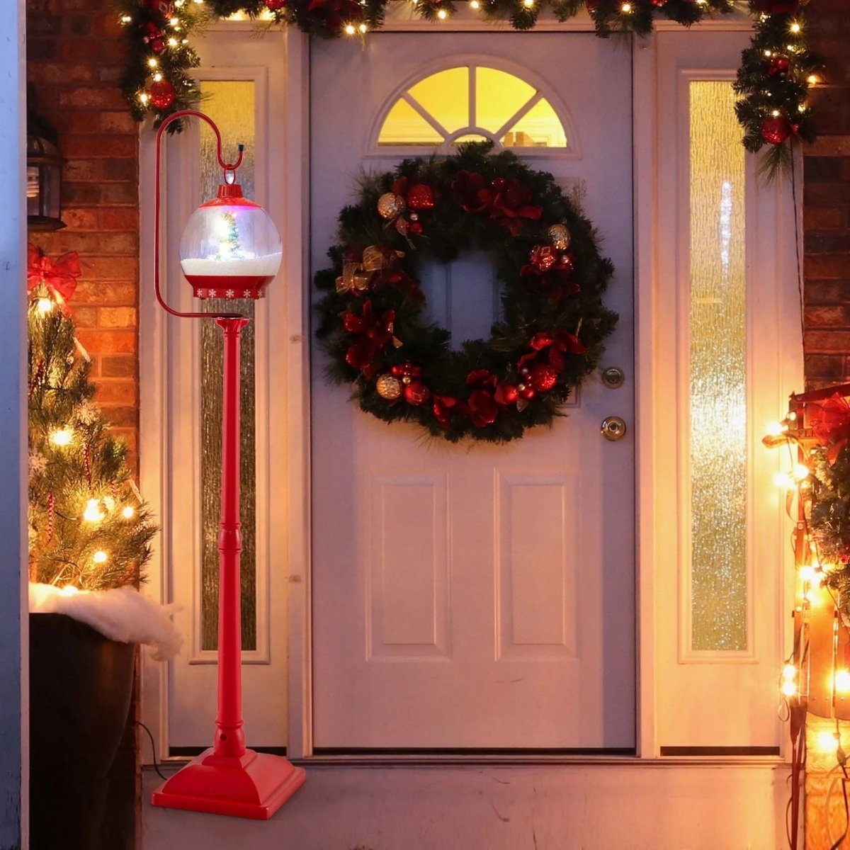 68 Inch Christmas Lamp Post with Sound Activated Snow Globe Lantern - Demuva