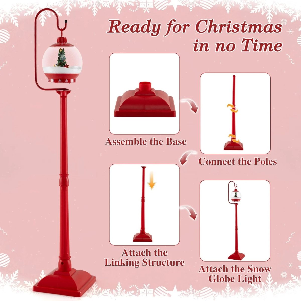 68 Inch Christmas Lamp Post with Sound Activated Snow Globe Lantern - Demuva