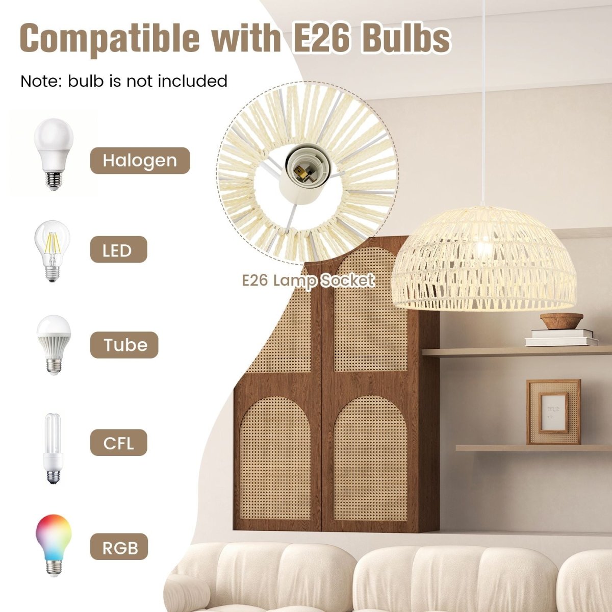 Dome Paper Pendant Ceiling Light with Adjustable Hanging Rope - Demuva