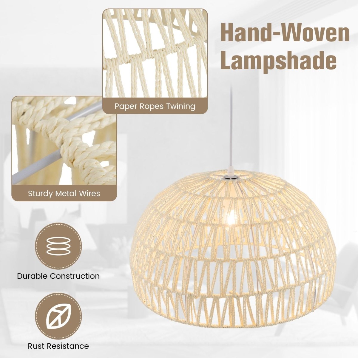 Dome Paper Pendant Ceiling Light with Adjustable Hanging Rope - Demuva