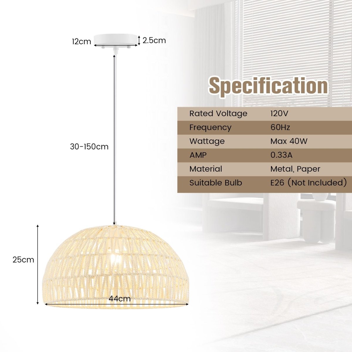 Dome Paper Pendant Ceiling Light with Adjustable Hanging Rope - Demuva
