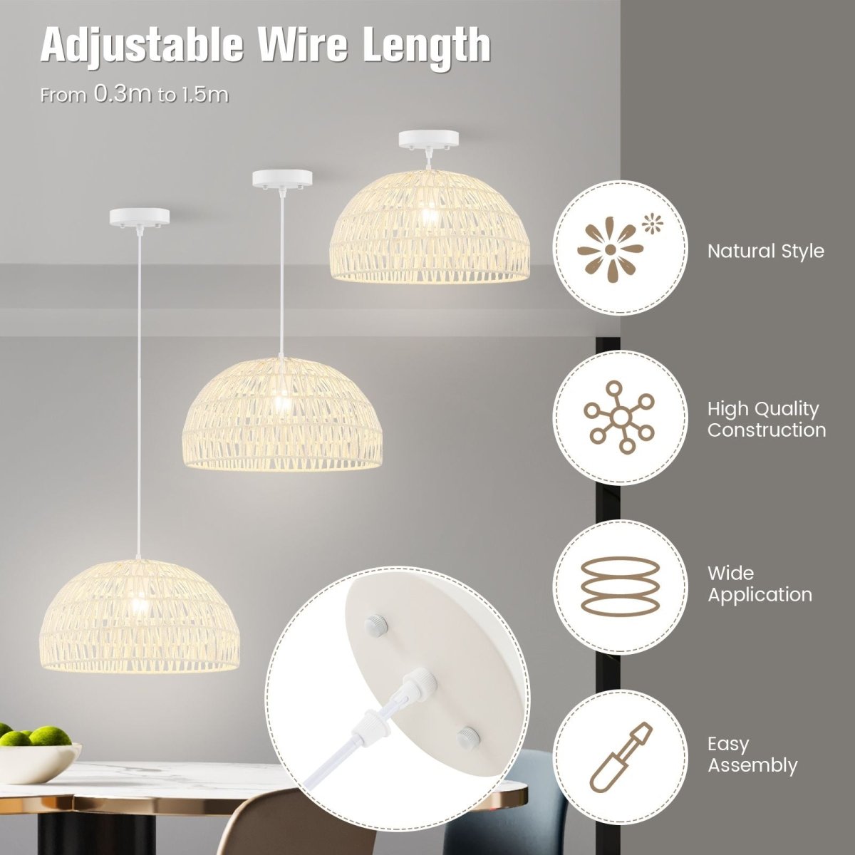 Dome Paper Pendant Ceiling Light with Adjustable Hanging Rope - Demuva