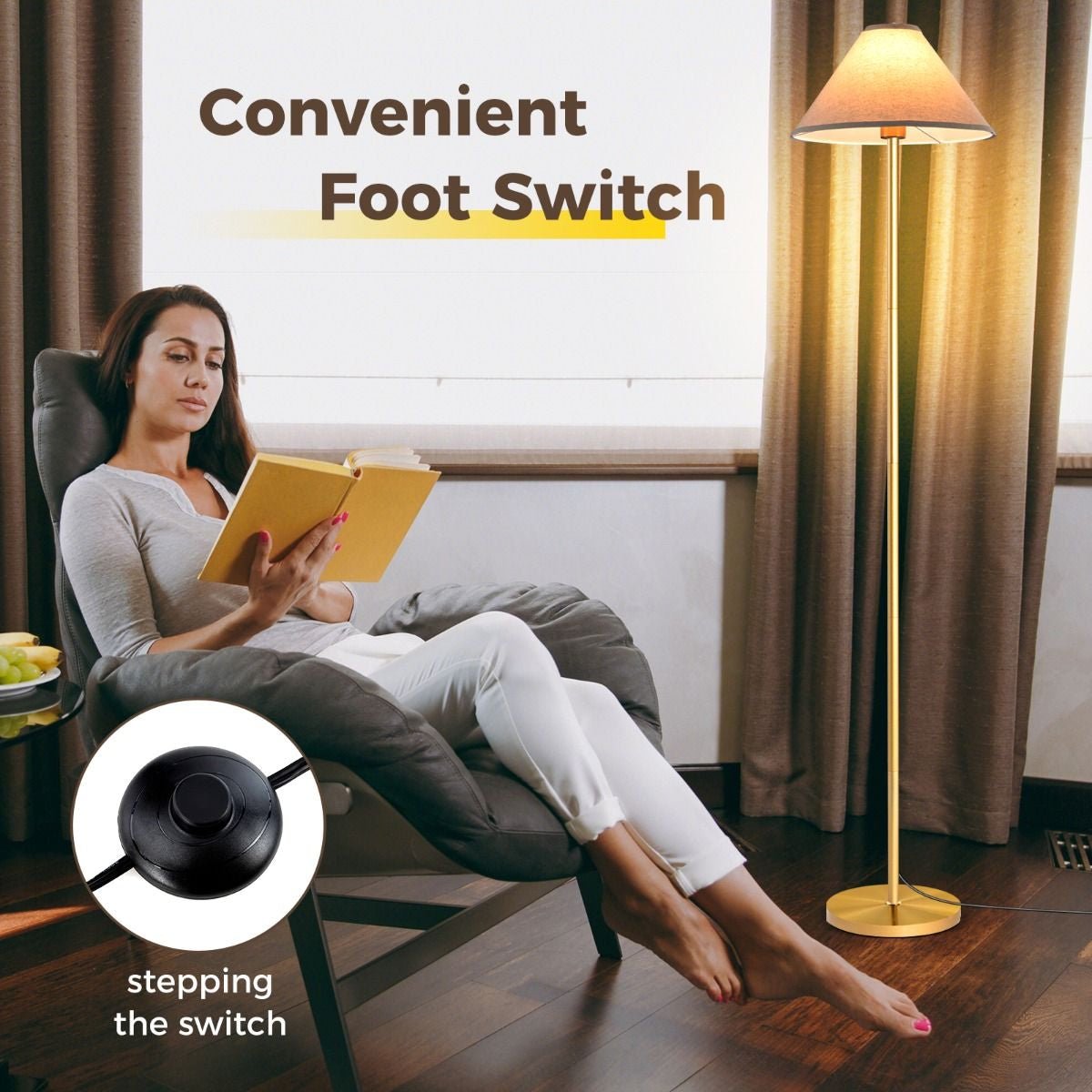Elegant Floor Lamp with Linen Shade and Foot - Operated Switch - Demuva
