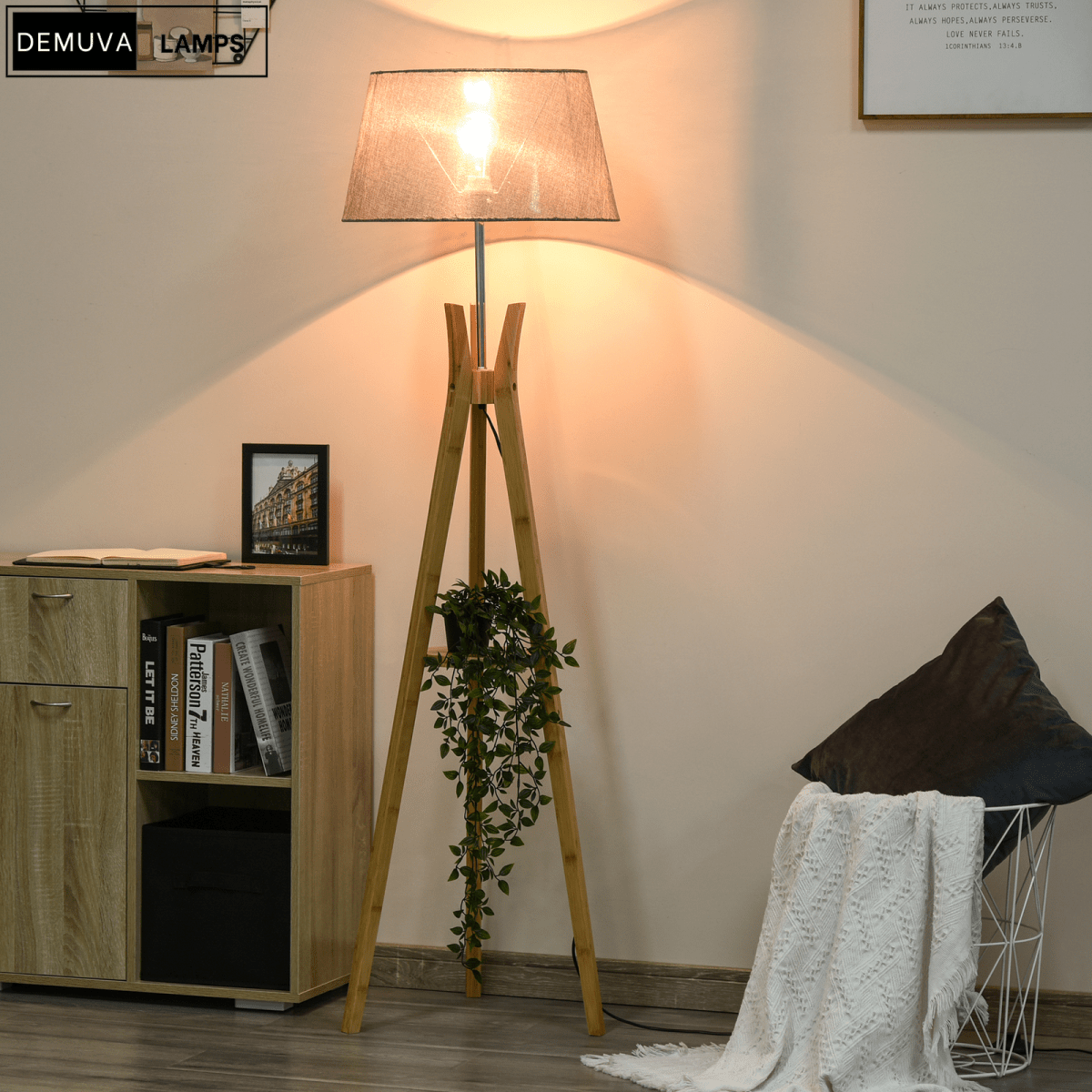 Floor Lamp 40W W/ Pedal Switch Middle Shelf Tripod Base Fabric Shade, Grey - Demuva