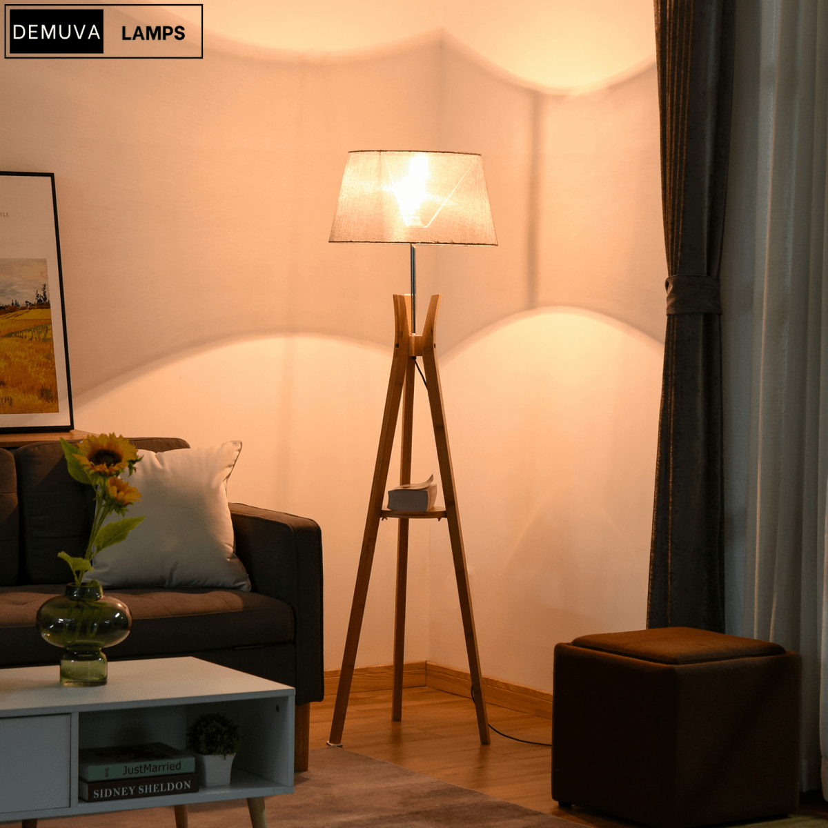 Floor Lamp 40W W/ Pedal Switch Middle Shelf Tripod Base Fabric Shade, Grey - Demuva