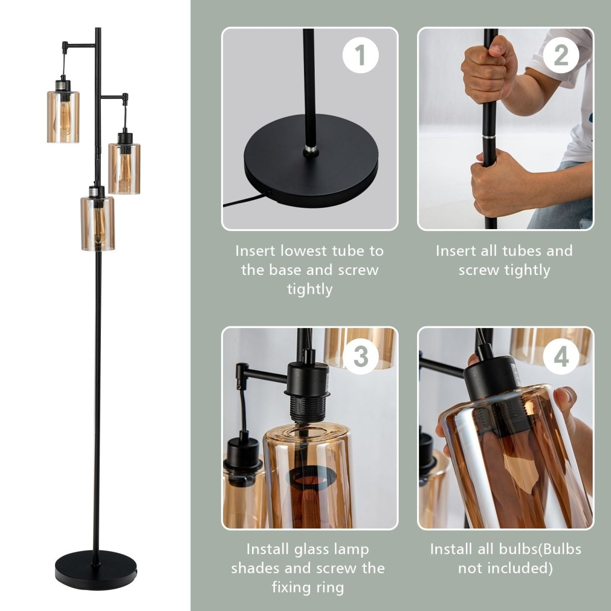 Freestanding Floor Lamp with 3 - Head Hanging Amber Glass Shade - Demuva