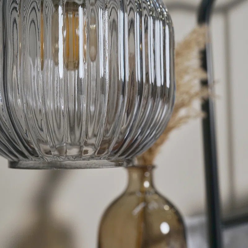 Stylish Brushed Chrome Ceiling Light & Ribbed Smoked Glass Shade - Demuva