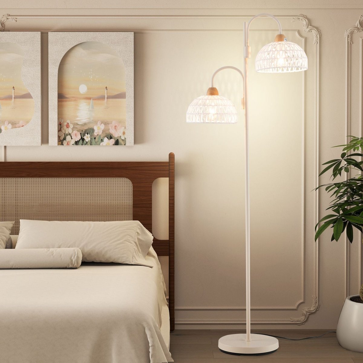 2 Light Floor Lamp with Foot Switch and Woven Lampshades - Demuva