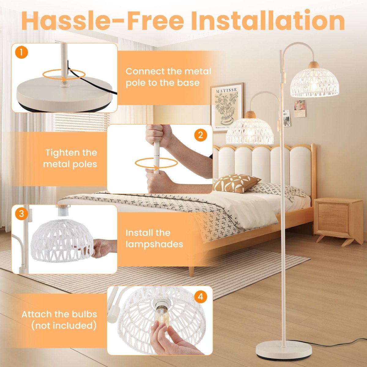 2 Light Floor Lamp with Foot Switch and Woven Lampshades - Demuva