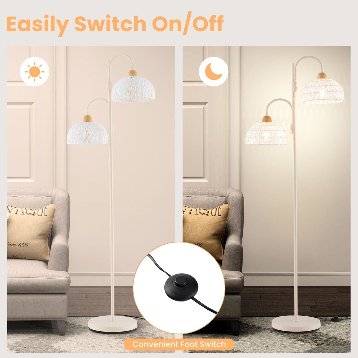 2 Light Floor Lamp with Foot Switch and Woven Lampshades - Demuva