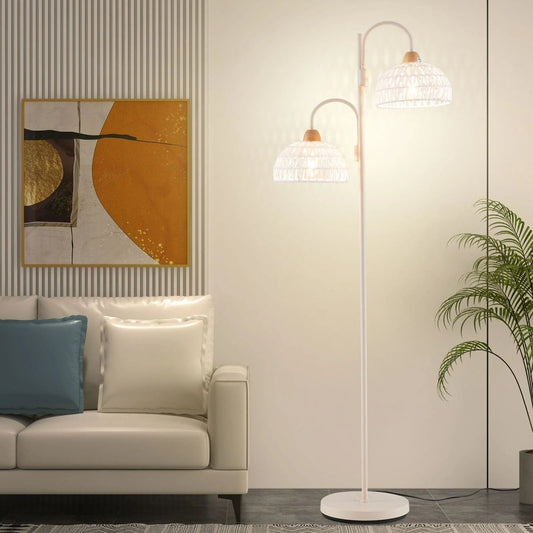 2 Light Floor Lamp with Foot Switch and Woven Lampshades - Demuva