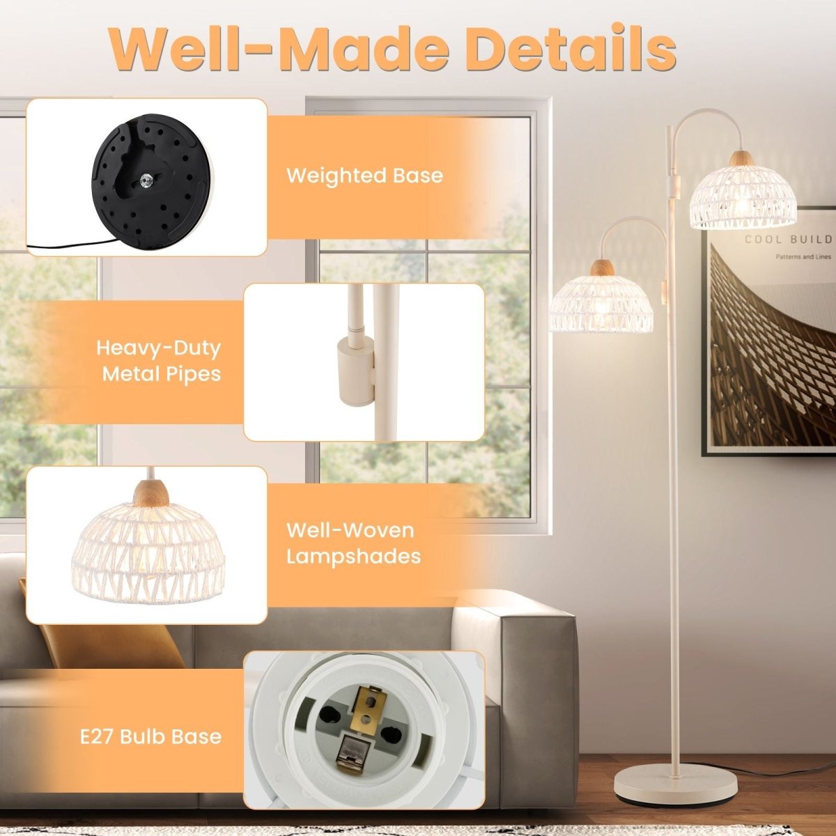 2 Light Floor Lamp with Foot Switch and Woven Lampshades - Demuva
