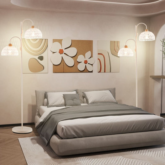 2 Light Floor Lamp with Foot Switch and Woven Lampshades - Demuva