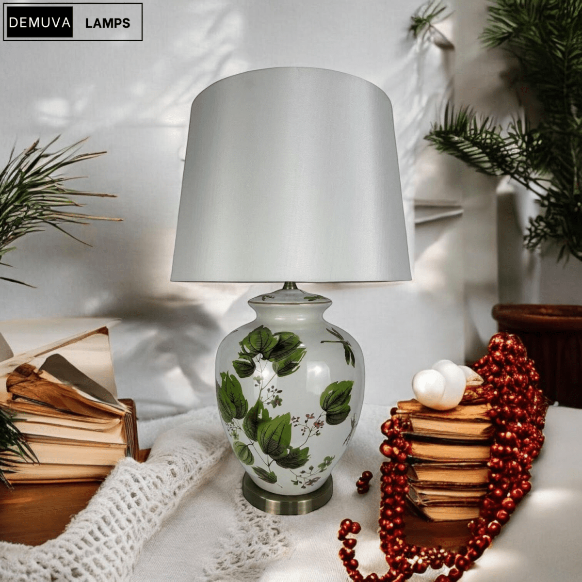 64Cm Large Floral Ceramic Table Lamp with Shade & Oriental Floral Design - Demuva