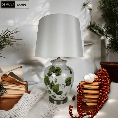 64Cm Large Floral Ceramic Table Lamp with Shade & Oriental Floral Design - Demuva
