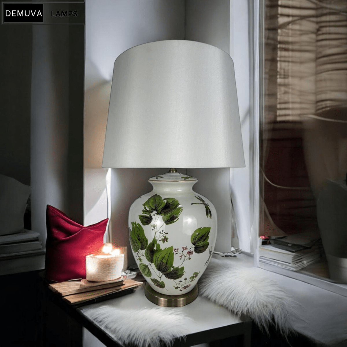 64Cm Large Floral Ceramic Table Lamp with Shade & Oriental Floral Design - Demuva