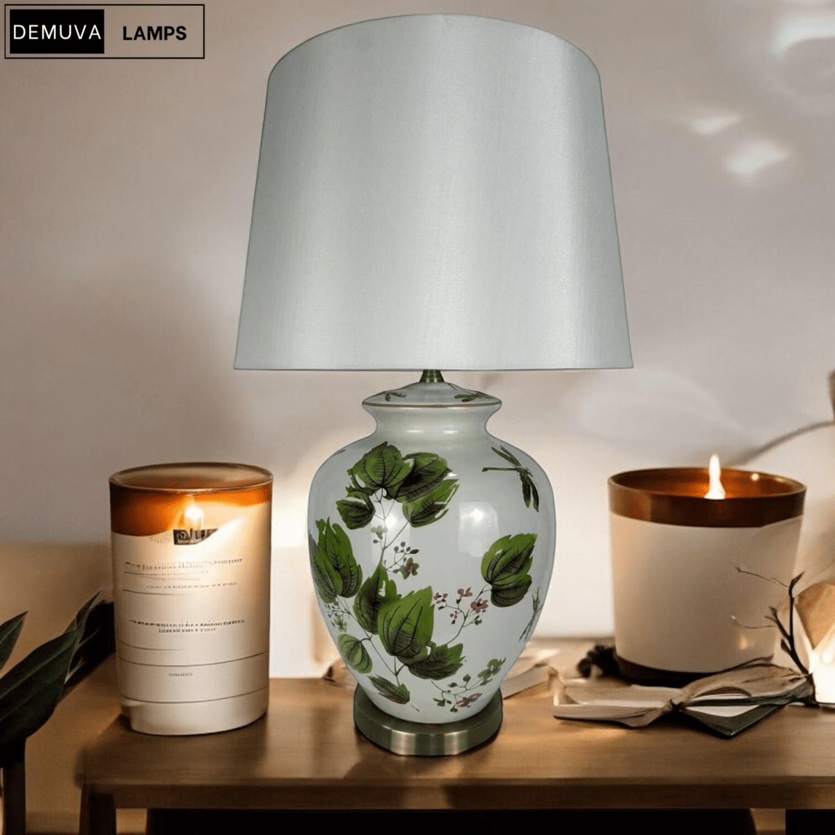 64Cm Large Floral Ceramic Table Lamp with Shade & Oriental Floral Design - Demuva