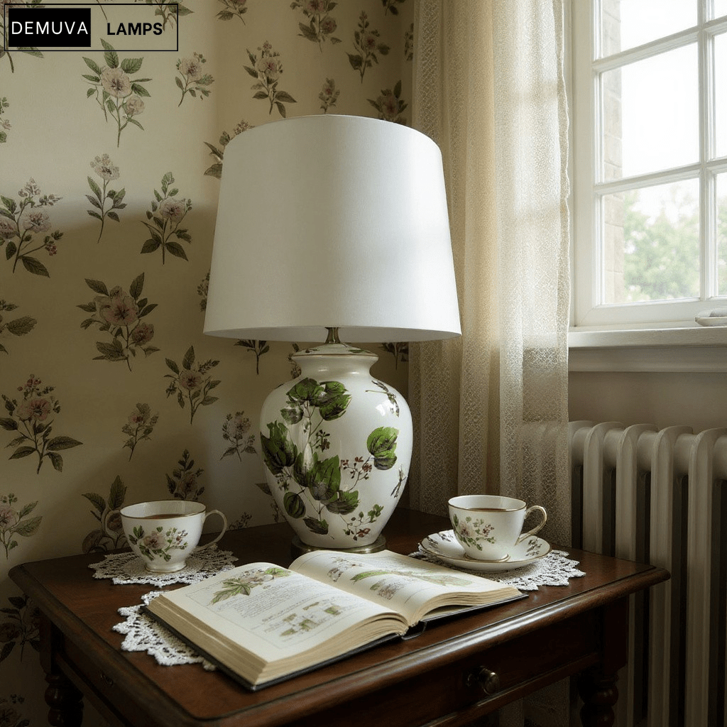 64Cm Large Floral Ceramic Table Lamp with Shade & Oriental Floral Design - Demuva