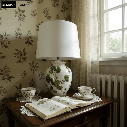 64Cm Large Floral Ceramic Table Lamp with Shade & Oriental Floral Design - Demuva