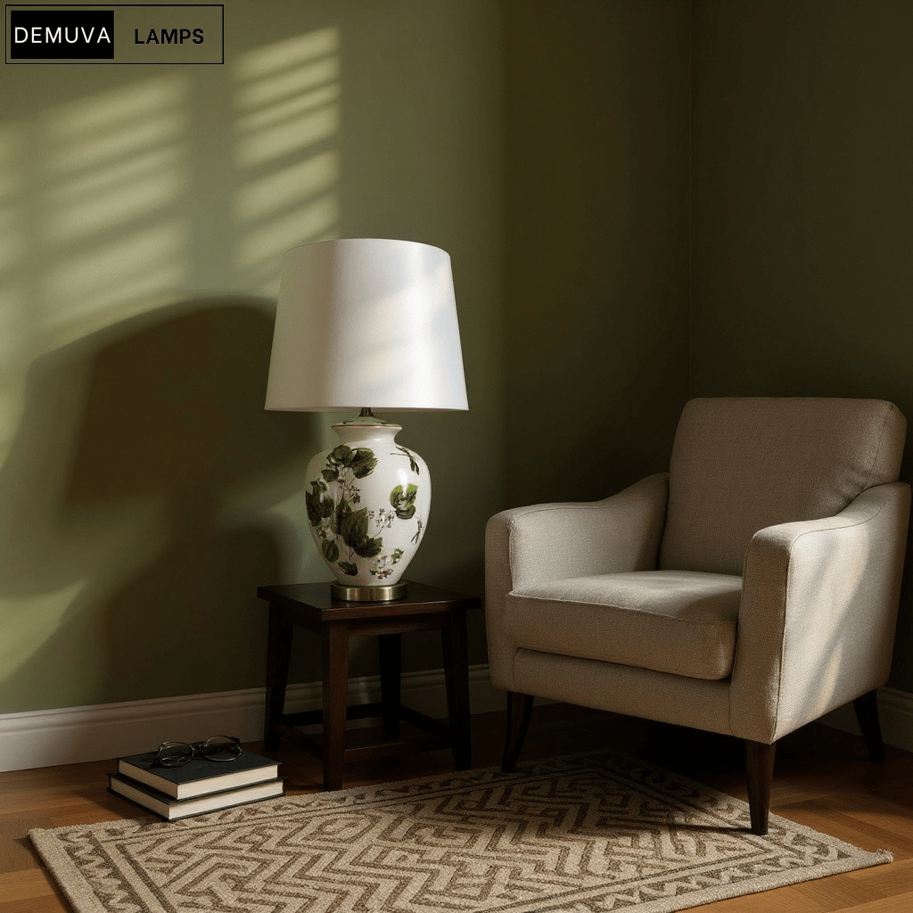 64Cm Large Floral Ceramic Table Lamp with Shade & Oriental Floral Design - Demuva