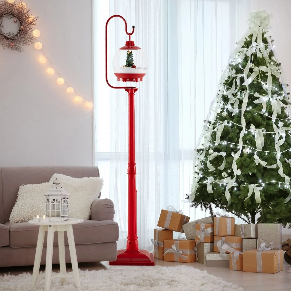 68 Inch Christmas Lamp Post with Sound Activated Snow Globe Lantern - Demuva