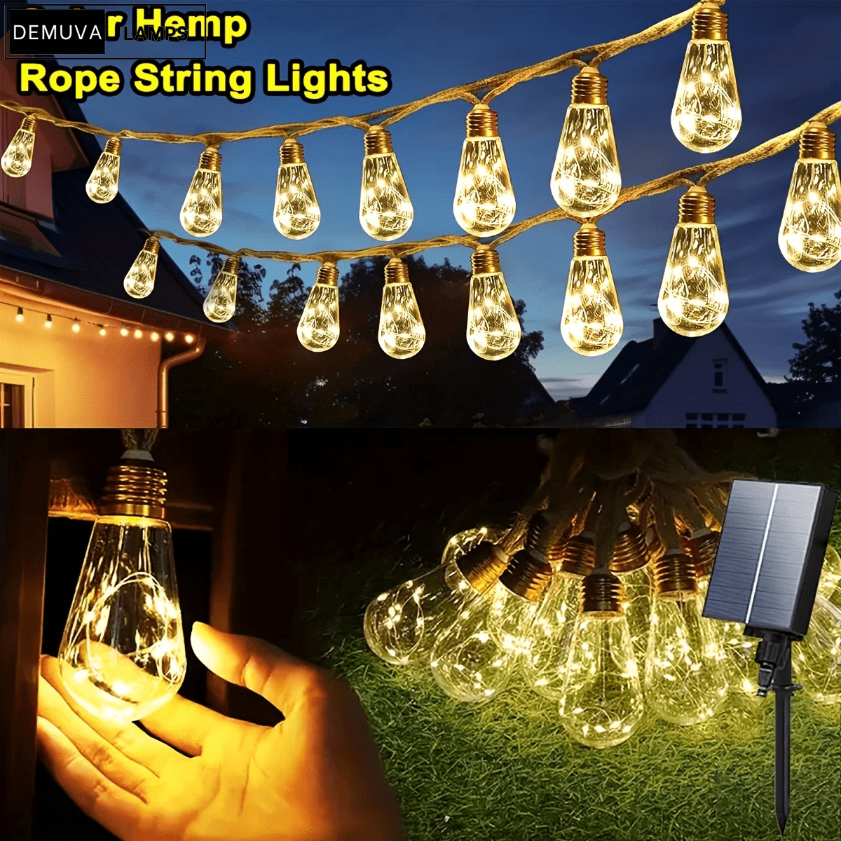 8M Solar Hemp Rope String Lights - Demuva