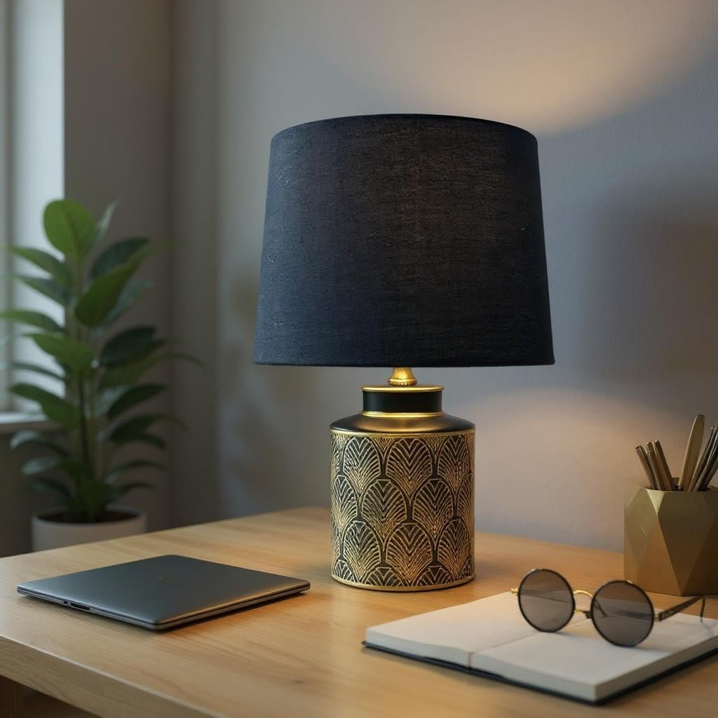 Black & Gold Modern Floral Table Lamp - Demuva