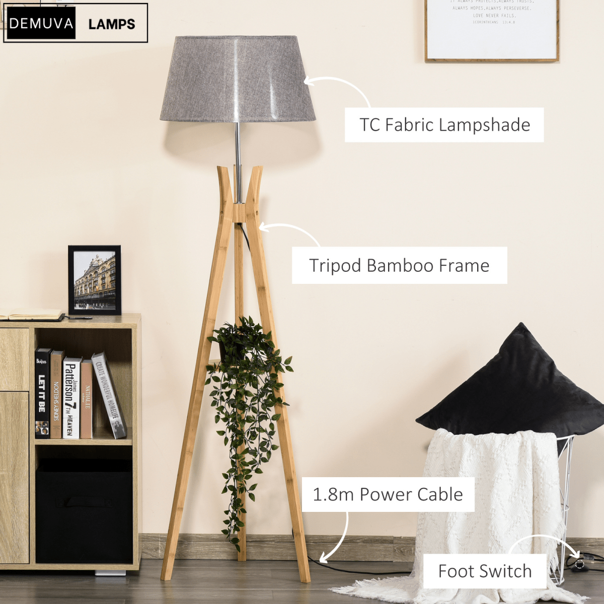 Floor Lamp 40W W/ Pedal Switch Middle Shelf Tripod Base Fabric Shade, Grey - Demuva