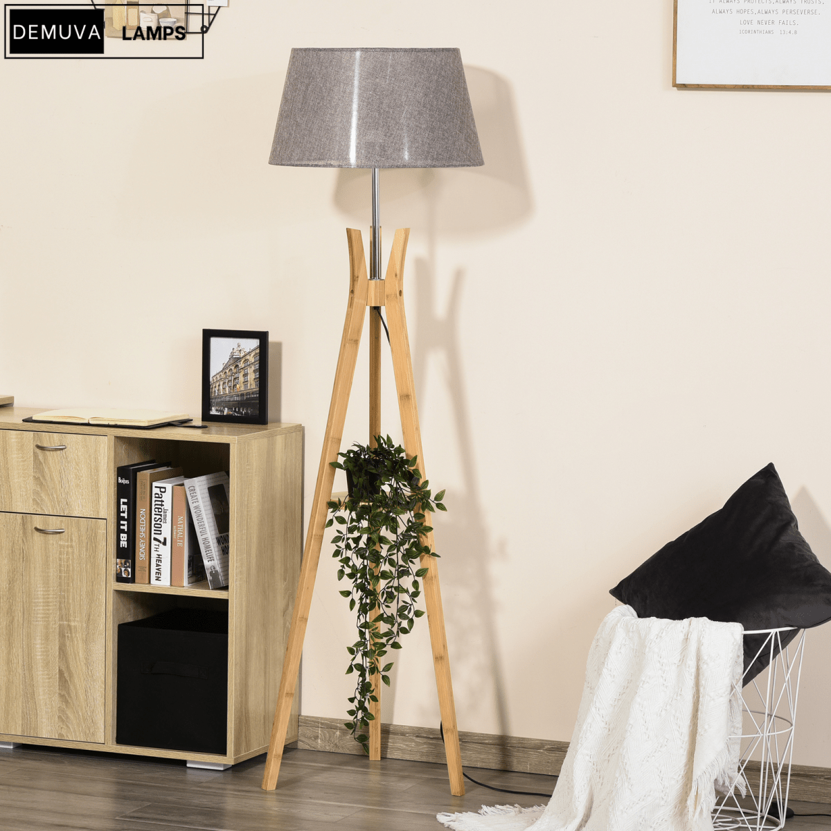 Floor Lamp 40W W/ Pedal Switch Middle Shelf Tripod Base Fabric Shade, Grey - Demuva