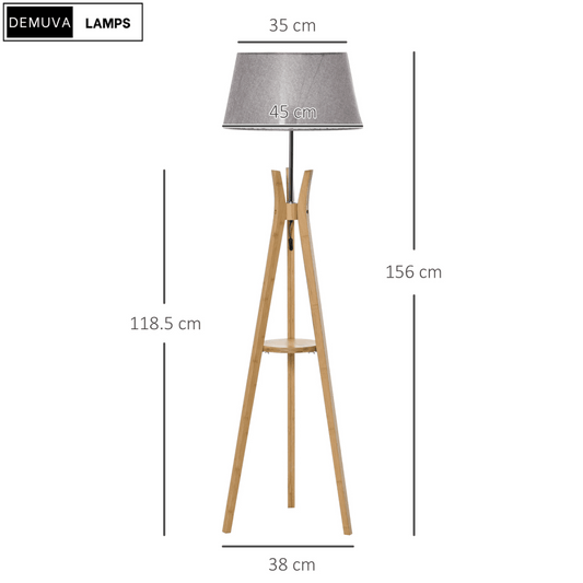 Floor Lamp 40W W/ Pedal Switch Middle Shelf Tripod Base Fabric Shade, Grey - Demuva