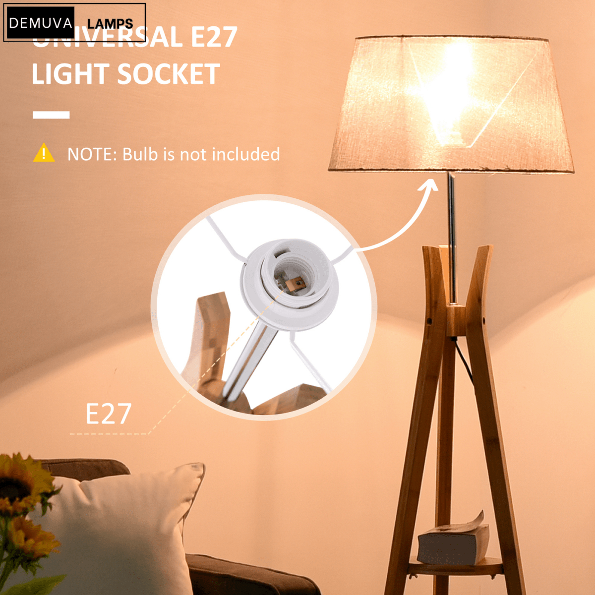 Floor Lamp 40W W/ Pedal Switch Middle Shelf Tripod Base Fabric Shade, Grey - Demuva