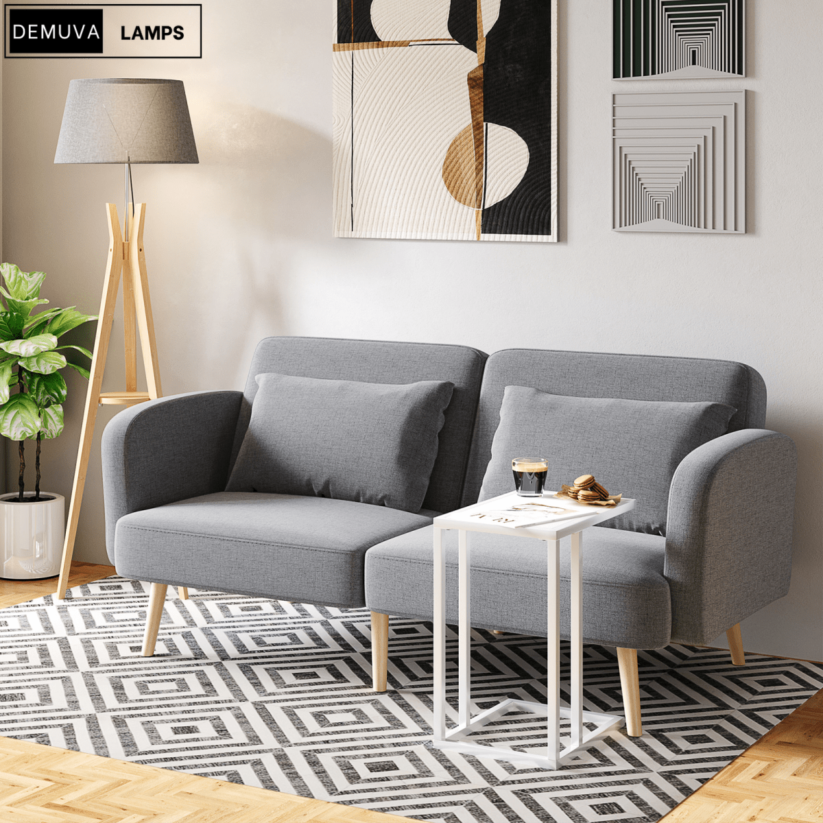 Floor Lamp 40W W/ Pedal Switch Middle Shelf Tripod Base Fabric Shade, Grey - Demuva