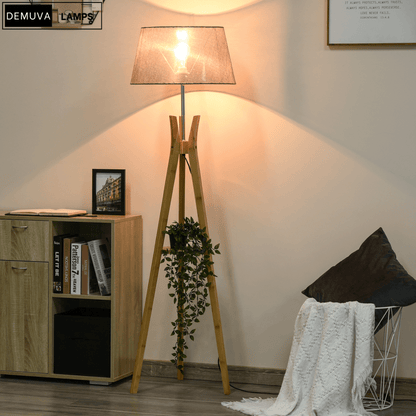 Floor Lamp 40W W/ Pedal Switch Middle Shelf Tripod Base Fabric Shade, Grey - Demuva