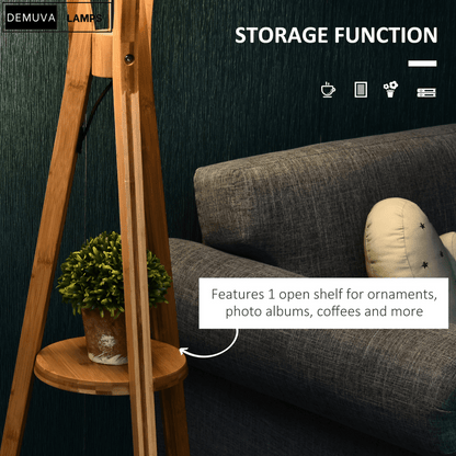 Floor Lamp 40W W/ Pedal Switch Middle Shelf Tripod Base Fabric Shade, Grey - Demuva