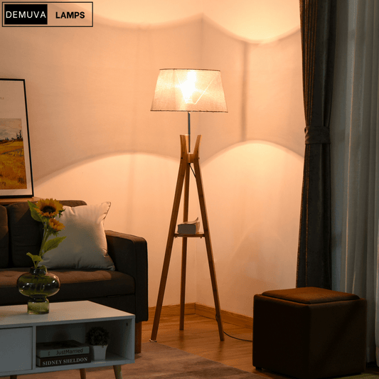 Floor Lamp 40W W/ Pedal Switch Middle Shelf Tripod Base Fabric Shade, Grey - Demuva