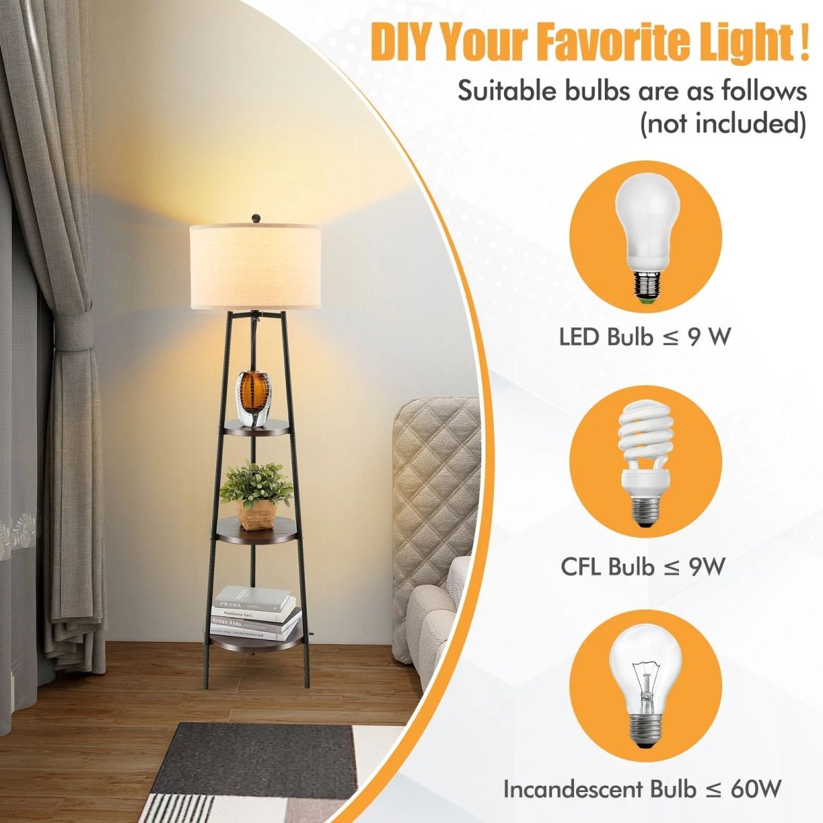 Floor Lamp with Shelves Linen Lampshade - Demuva