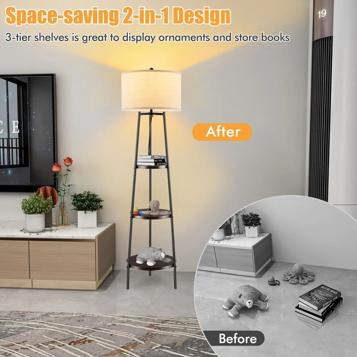 Floor Lamp with Shelves Linen Lampshade - Demuva
