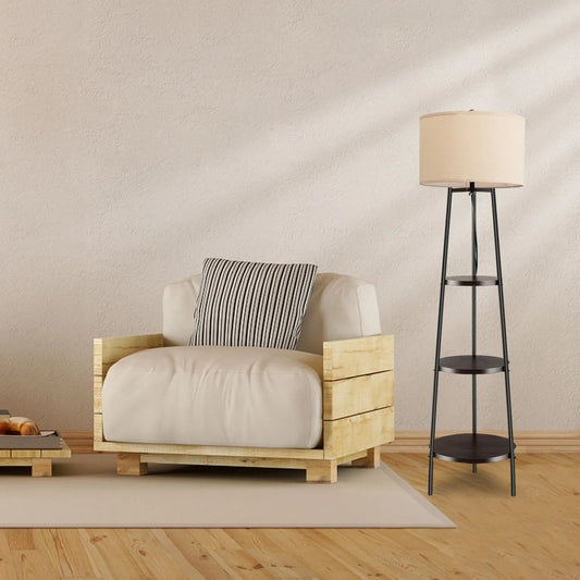 Floor Lamp with Shelves Linen Lampshade - Demuva