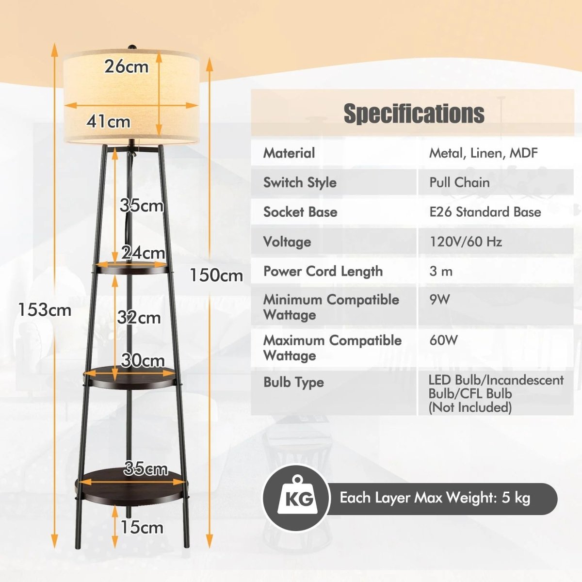 Floor Lamp with Shelves Linen Lampshade - Demuva