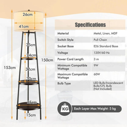 Floor Lamp with Shelves Linen Lampshade - Demuva
