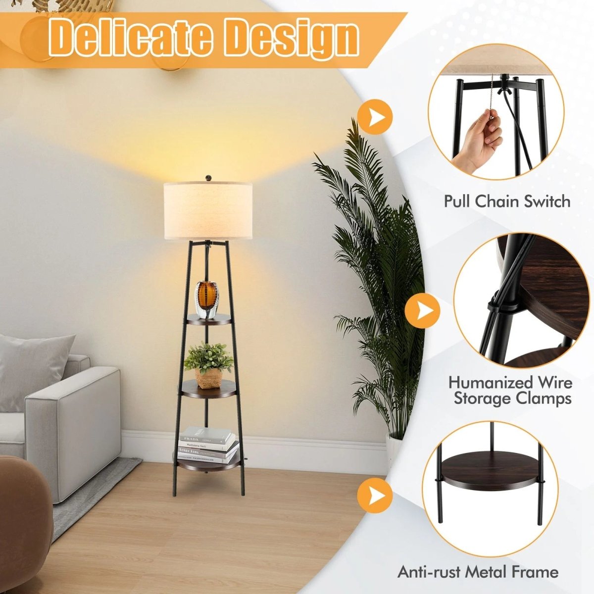 Floor Lamp with Shelves Linen Lampshade - Demuva