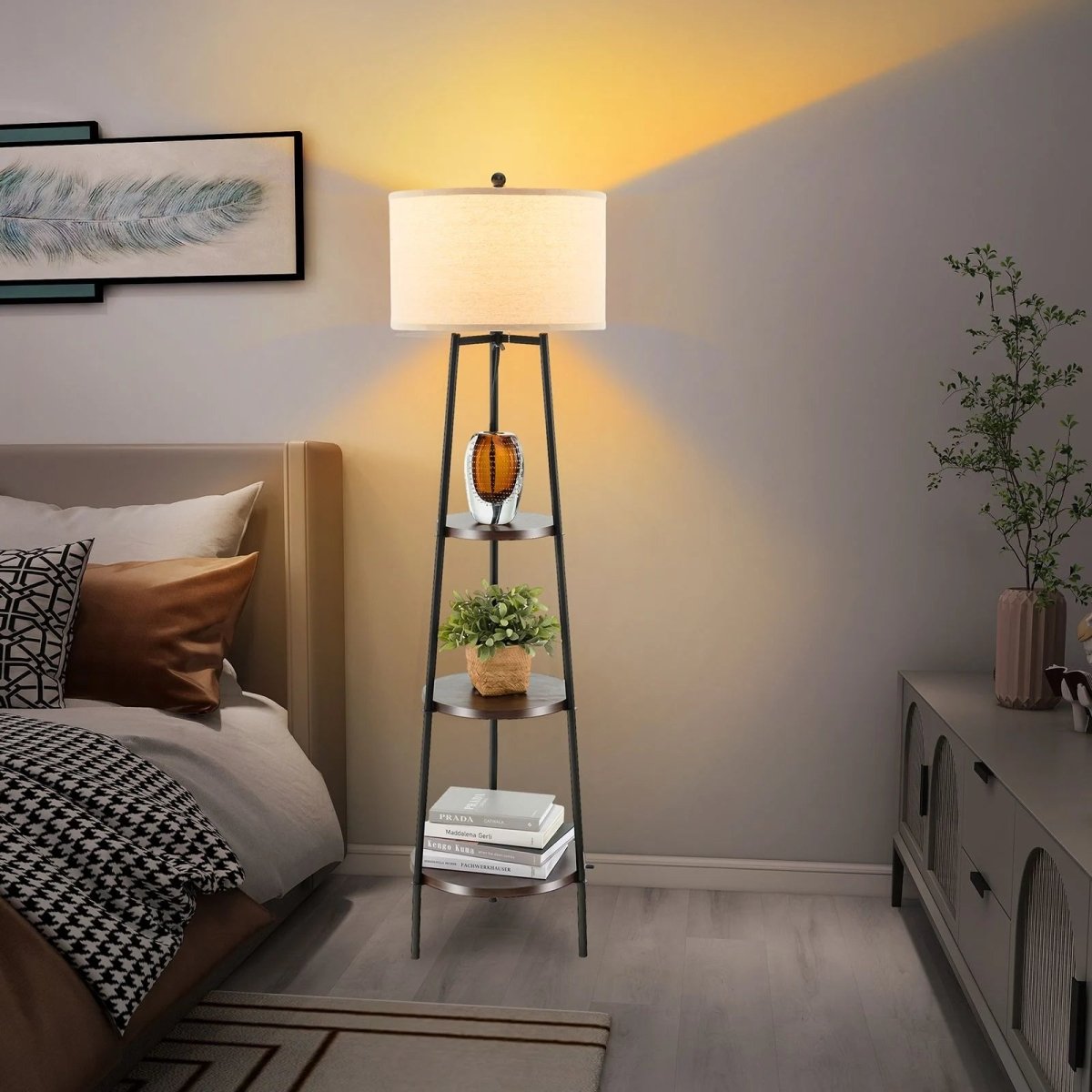 Floor Lamp with Shelves Linen Lampshade - Demuva