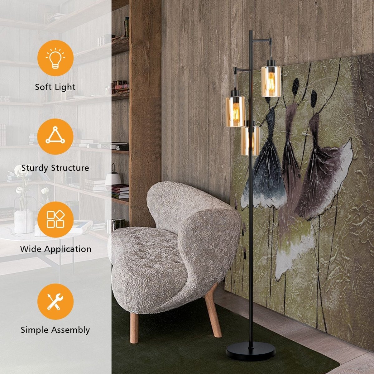 Freestanding Floor Lamp with 3 - Head Hanging Amber Glass Shade - Demuva