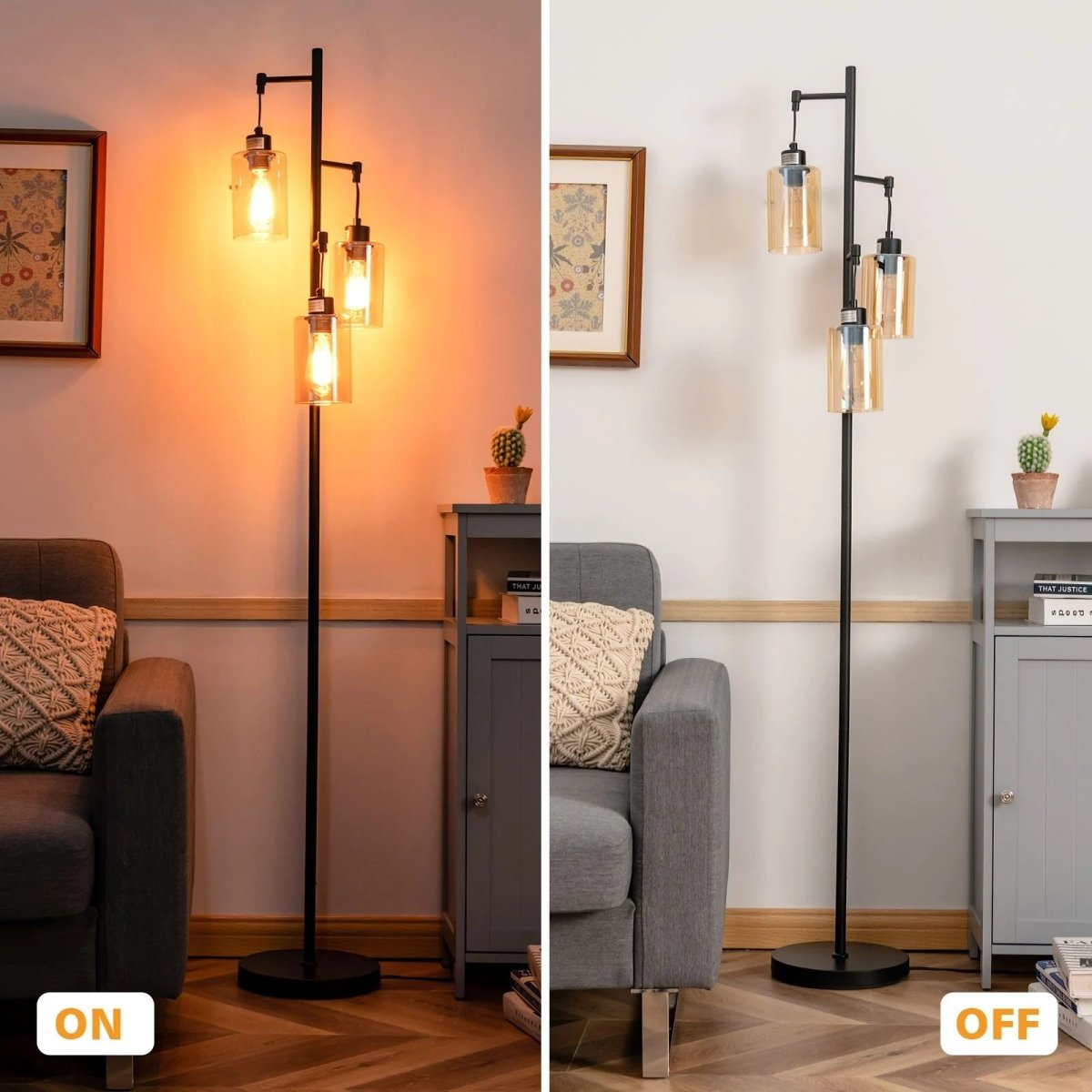 Freestanding Floor Lamp with 3 - Head Hanging Amber Glass Shade - Demuva