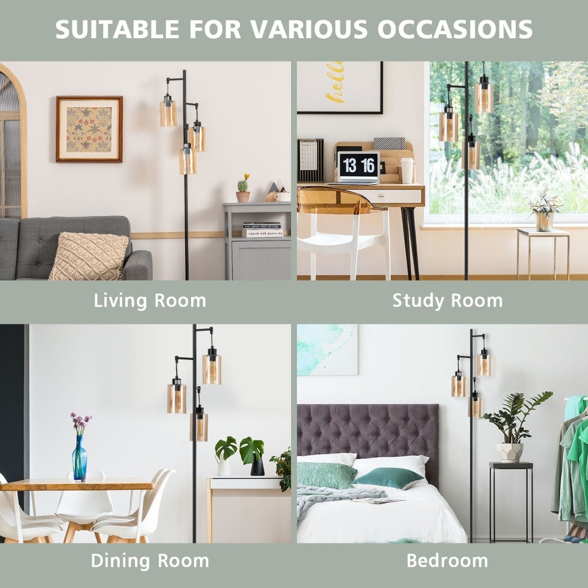 Freestanding Floor Lamp with 3 - Head Hanging Amber Glass Shade - Demuva